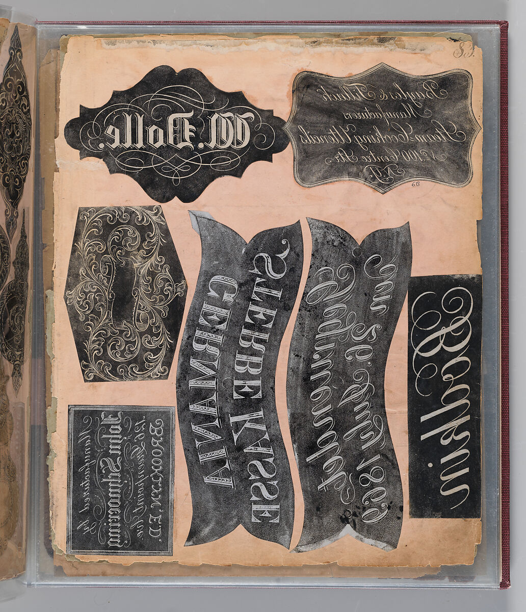 Workbook Recording the Engraved Firearms Ornament of Louis D. Nimschke (1832–1904), Louis Daniel Nimschke (American, born Ebersdorf, Reuss Schleiz, Germany July 14, 1832–April 9, 1904 Brooklyn, New York), Ink on paper, leather binding, American, New York