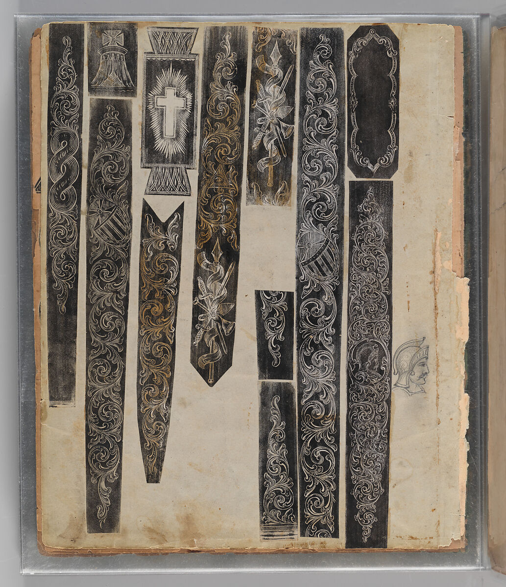 Workbook Recording the Engraved Firearms Ornament of Louis D. Nimschke (1832–1904), Louis Daniel Nimschke (American, born Ebersdorf, Reuss Schleiz, Germany July 14, 1832–April 9, 1904 Brooklyn, New York), Ink on paper, leather binding, American, New York