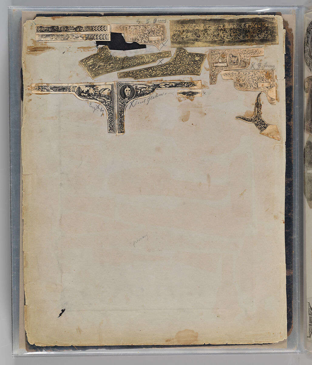 Workbook Recording the Engraved Firearms Ornament of Louis D. Nimschke (1832–1904), Louis Daniel Nimschke (American, born Ebersdorf, Reuss Schleiz, Germany July 14, 1832–April 9, 1904 Brooklyn, New York), Ink on paper, leather binding, American, New York