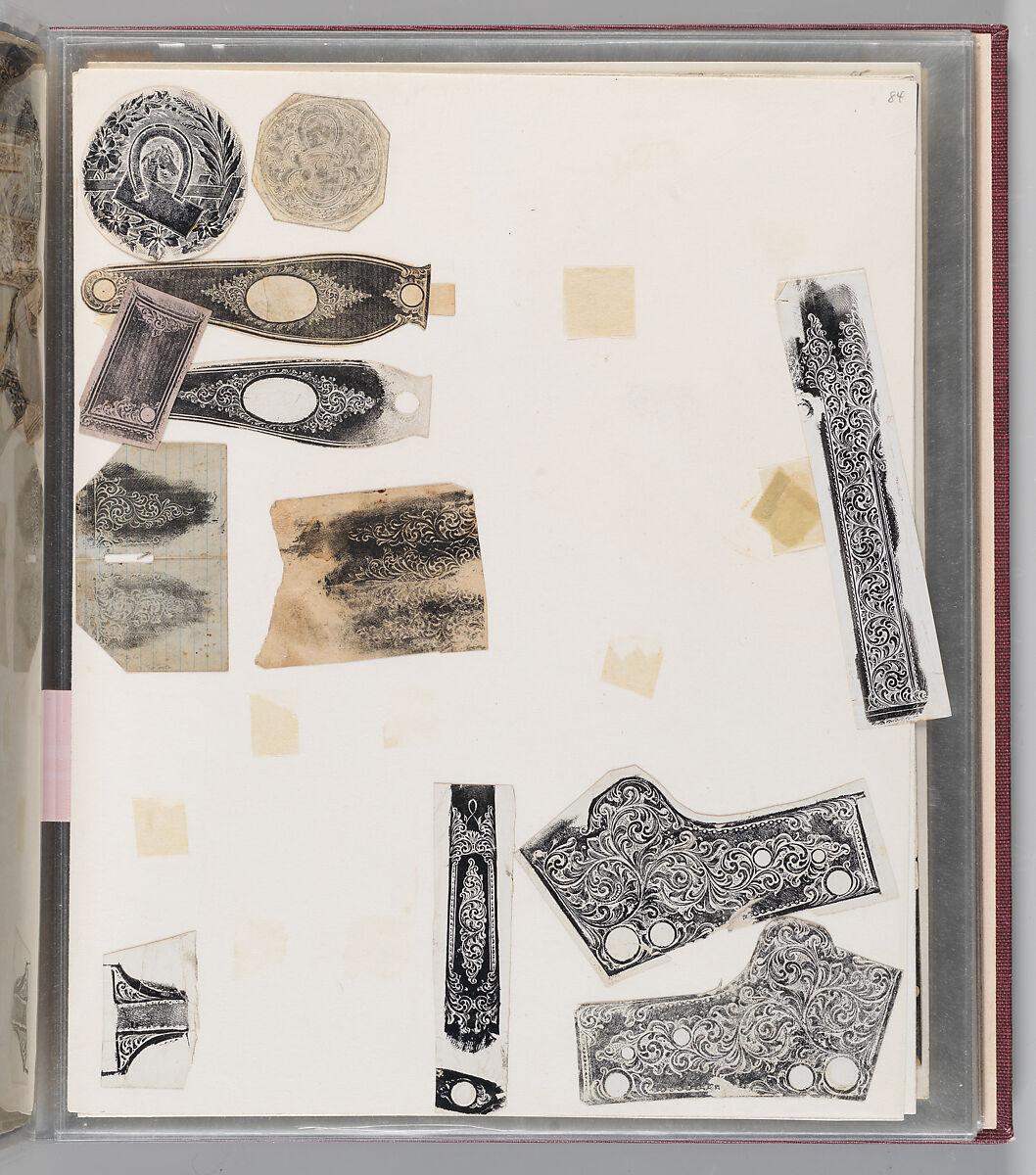 Workbook Recording the Engraved Firearms Ornament of Louis D. Nimschke (1832–1904), Louis Daniel Nimschke (American, born Ebersdorf, Reuss Schleiz, Germany July 14, 1832–April 9, 1904 Brooklyn, New York), Ink on paper, leather binding, American, New York