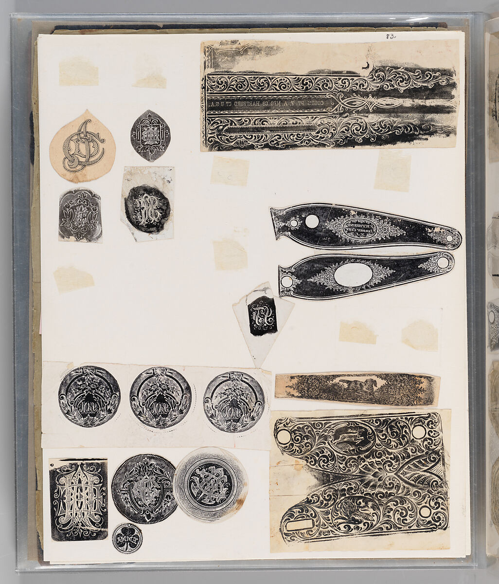Workbook Recording the Engraved Firearms Ornament of Louis D. Nimschke (1832–1904), Louis Daniel Nimschke (American, born Ebersdorf, Reuss Schleiz, Germany July 14, 1832–April 9, 1904 Brooklyn, New York), Ink on paper, leather binding, American, New York