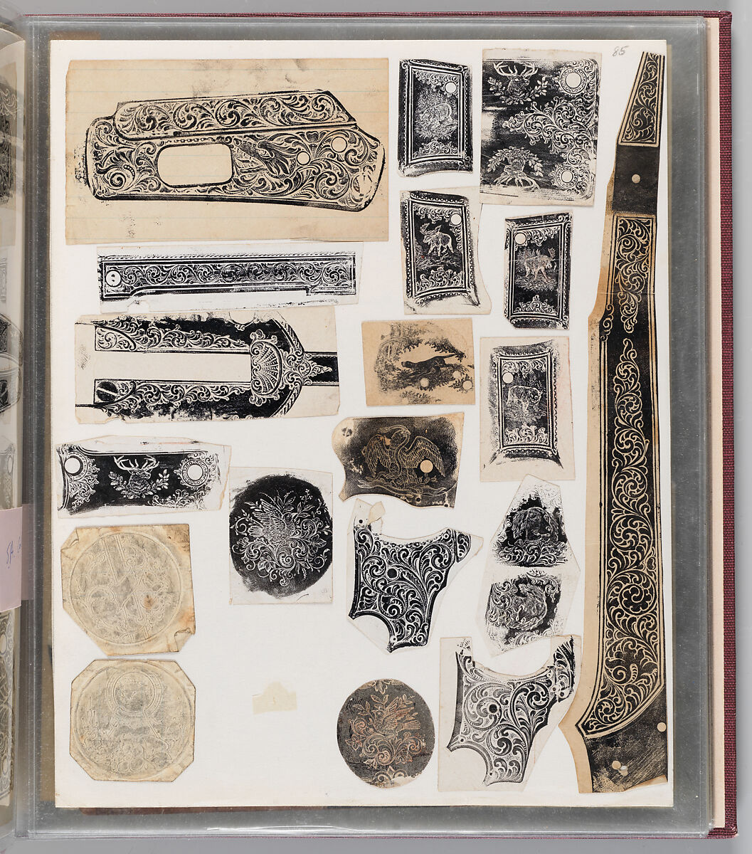 Workbook Recording the Engraved Firearms Ornament of Louis D. Nimschke (1832–1904), Louis Daniel Nimschke (American, born Ebersdorf, Reuss Schleiz, Germany July 14, 1832–April 9, 1904 Brooklyn, New York), Ink on paper, leather binding, American, New York