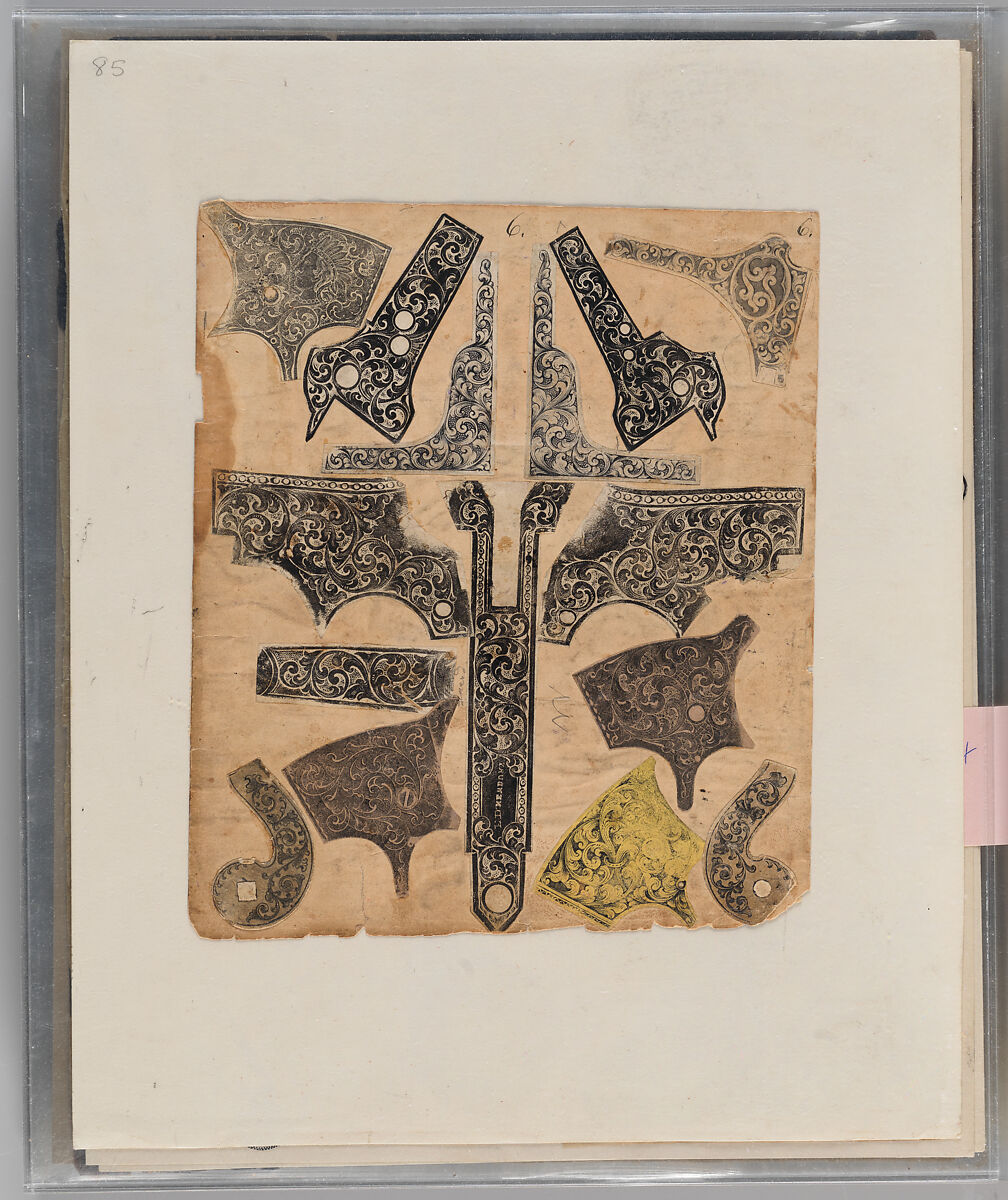 Workbook Recording the Engraved Firearms Ornament of Louis D. Nimschke (1832–1904), Louis Daniel Nimschke (American, born Ebersdorf, Reuss Schleiz, Germany July 14, 1832–April 9, 1904 Brooklyn, New York), Ink on paper, leather binding, American, New York