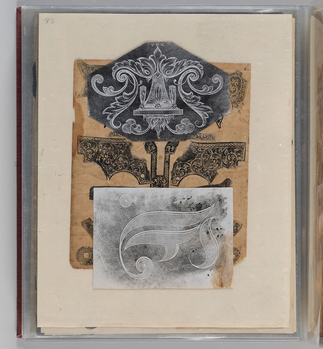 Workbook Recording the Engraved Firearms Ornament of Louis D. Nimschke (1832–1904), Louis Daniel Nimschke (American, born Ebersdorf, Reuss Schleiz, Germany July 14, 1832–April 9, 1904 Brooklyn, New York), Ink on paper, leather binding, American, New York
