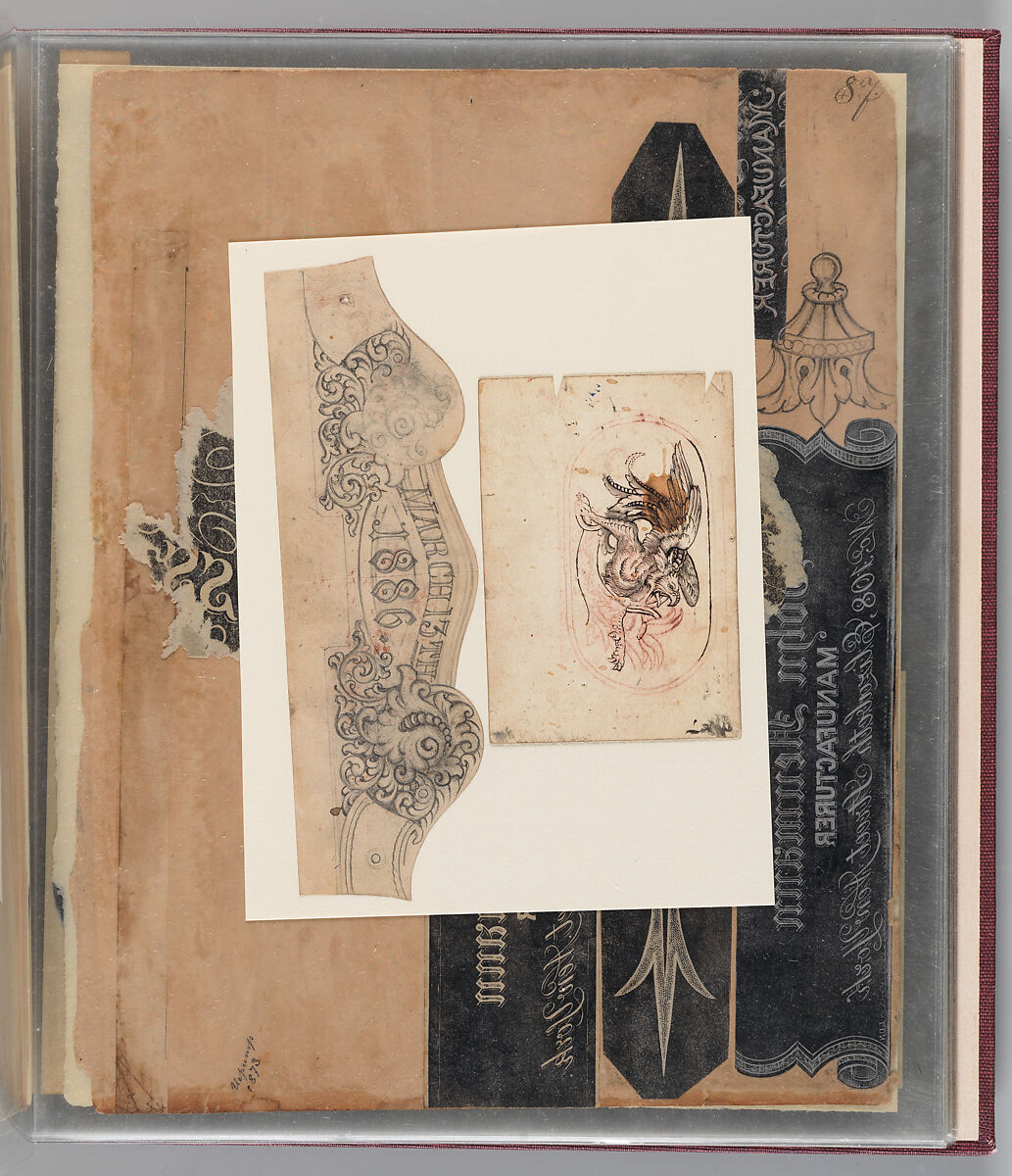 Workbook Recording the Engraved Firearms Ornament of Louis D. Nimschke (1832–1904), Louis Daniel Nimschke (American, born Ebersdorf, Reuss Schleiz, Germany July 14, 1832–April 9, 1904 Brooklyn, New York), Ink on paper, leather binding, American, New York
