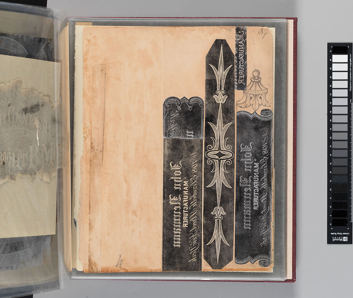 Workbook Recording the Engraved Firearms Ornament of Louis D. Nimschke (1832–1904), Louis Daniel Nimschke (American, born Ebersdorf, Reuss Schleiz, Germany July 14, 1832–April 9, 1904 Brooklyn, New York), Ink on paper, leather binding, American, New York