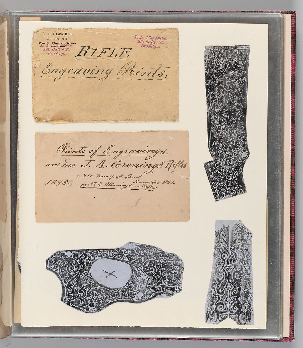 Workbook Recording the Engraved Firearms Ornament of Louis D. Nimschke (1832–1904), Louis Daniel Nimschke (American, born Ebersdorf, Reuss Schleiz, Germany July 14, 1832–April 9, 1904 Brooklyn, New York), Ink on paper, leather binding, American, New York