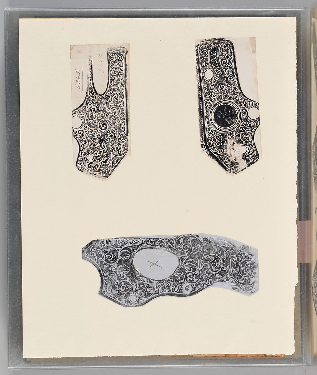 Workbook Recording the Engraved Firearms Ornament of Louis D. Nimschke (1832–1904), Louis Daniel Nimschke (American, born Ebersdorf, Reuss Schleiz, Germany July 14, 1832–April 9, 1904 Brooklyn, New York), Ink on paper, leather binding, American, New York
