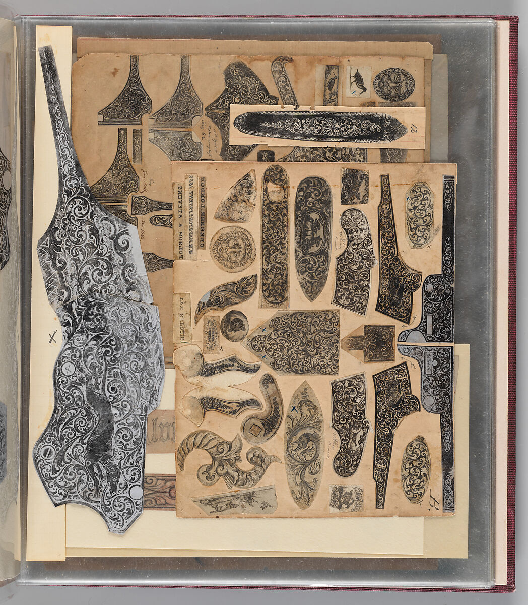 Workbook Recording the Engraved Firearms Ornament of Louis D. Nimschke (1832–1904), Louis Daniel Nimschke (American, born Ebersdorf, Reuss Schleiz, Germany July 14, 1832–April 9, 1904 Brooklyn, New York), Ink on paper, leather binding, American, New York