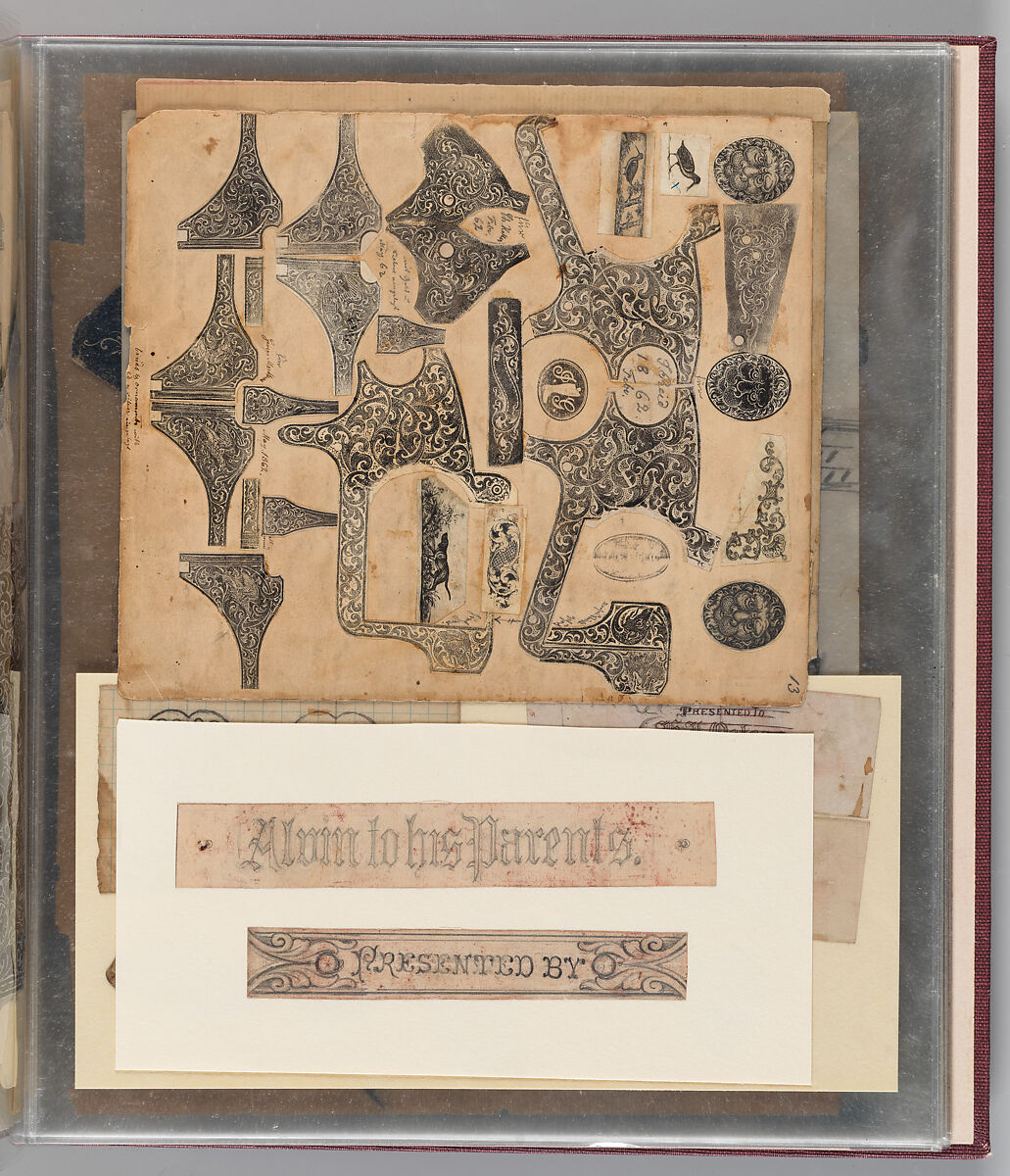 Workbook Recording the Engraved Firearms Ornament of Louis D. Nimschke (1832–1904), Louis Daniel Nimschke (American, born Ebersdorf, Reuss Schleiz, Germany July 14, 1832–April 9, 1904 Brooklyn, New York), Ink on paper, leather binding, American, New York