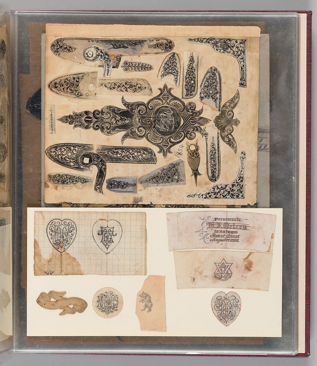 Workbook Recording the Engraved Firearms Ornament of Louis D. Nimschke (1832–1904), Louis Daniel Nimschke (American, born Ebersdorf, Reuss Schleiz, Germany July 14, 1832–April 9, 1904 Brooklyn, New York), Ink on paper, leather binding, American, New York
