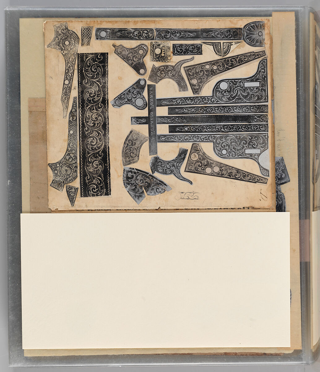 Workbook Recording the Engraved Firearms Ornament of Louis D. Nimschke (1832–1904), Louis Daniel Nimschke (American, born Ebersdorf, Reuss Schleiz, Germany July 14, 1832–April 9, 1904 Brooklyn, New York), Ink on paper, leather binding, American, New York