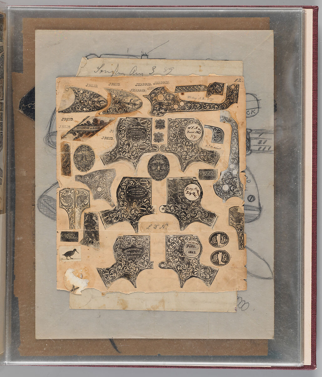 Workbook Recording the Engraved Firearms Ornament of Louis D. Nimschke (1832–1904), Louis Daniel Nimschke (American, born Ebersdorf, Reuss Schleiz, Germany July 14, 1832–April 9, 1904 Brooklyn, New York), Ink on paper, leather binding, American, New York