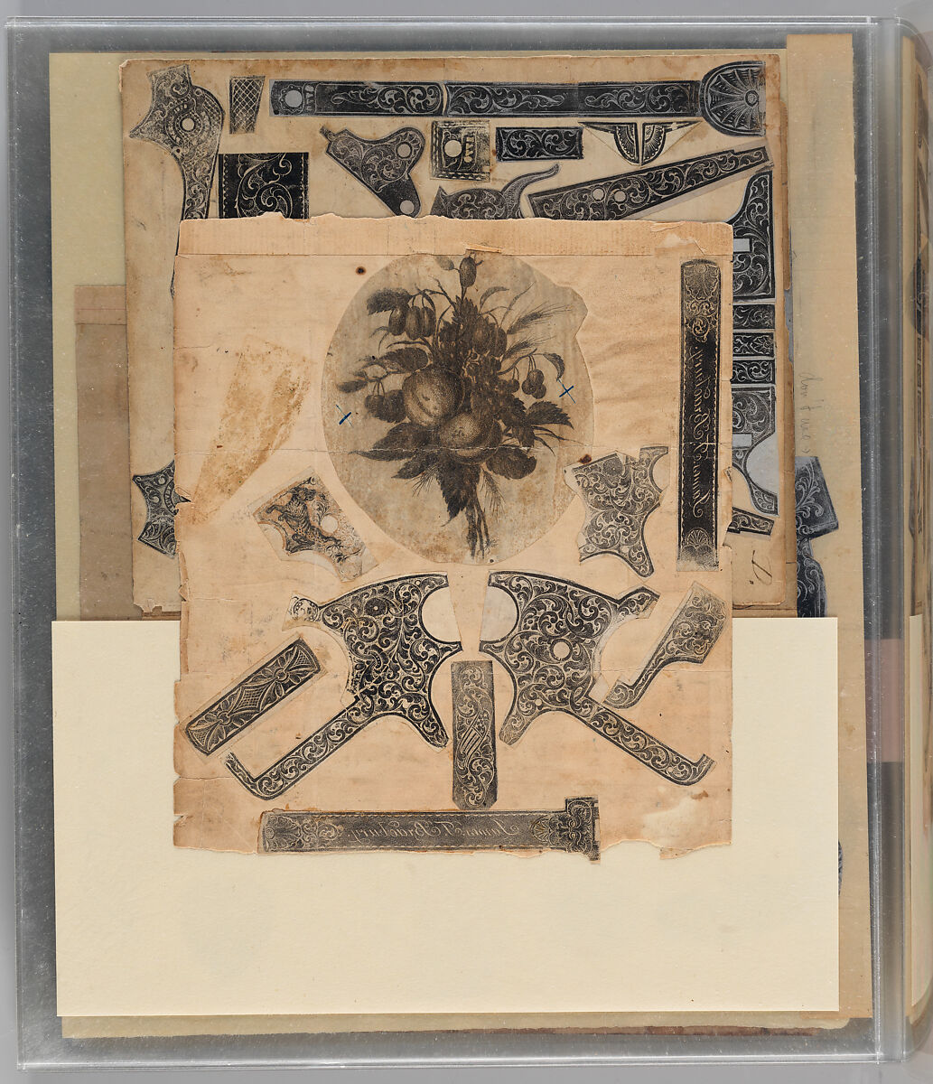 Workbook Recording the Engraved Firearms Ornament of Louis D. Nimschke (1832–1904), Louis Daniel Nimschke (American, born Ebersdorf, Reuss Schleiz, Germany July 14, 1832–April 9, 1904 Brooklyn, New York), Ink on paper, leather binding, American, New York