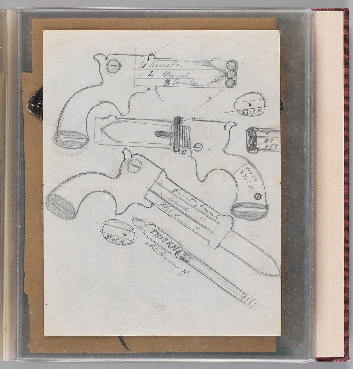 Workbook Recording the Engraved Firearms Ornament of Louis D. Nimschke (1832–1904), Louis Daniel Nimschke (American, born Ebersdorf, Reuss Schleiz, Germany July 14, 1832–April 9, 1904 Brooklyn, New York), Ink on paper, leather binding, American, New York