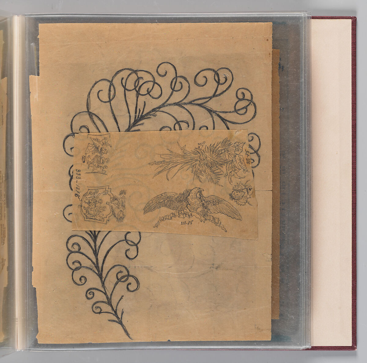 Workbook Recording the Engraved Firearms Ornament of Louis D. Nimschke (1832–1904), Louis Daniel Nimschke (American, born Ebersdorf, Reuss Schleiz, Germany July 14, 1832–April 9, 1904 Brooklyn, New York), Ink on paper, leather binding, American, New York