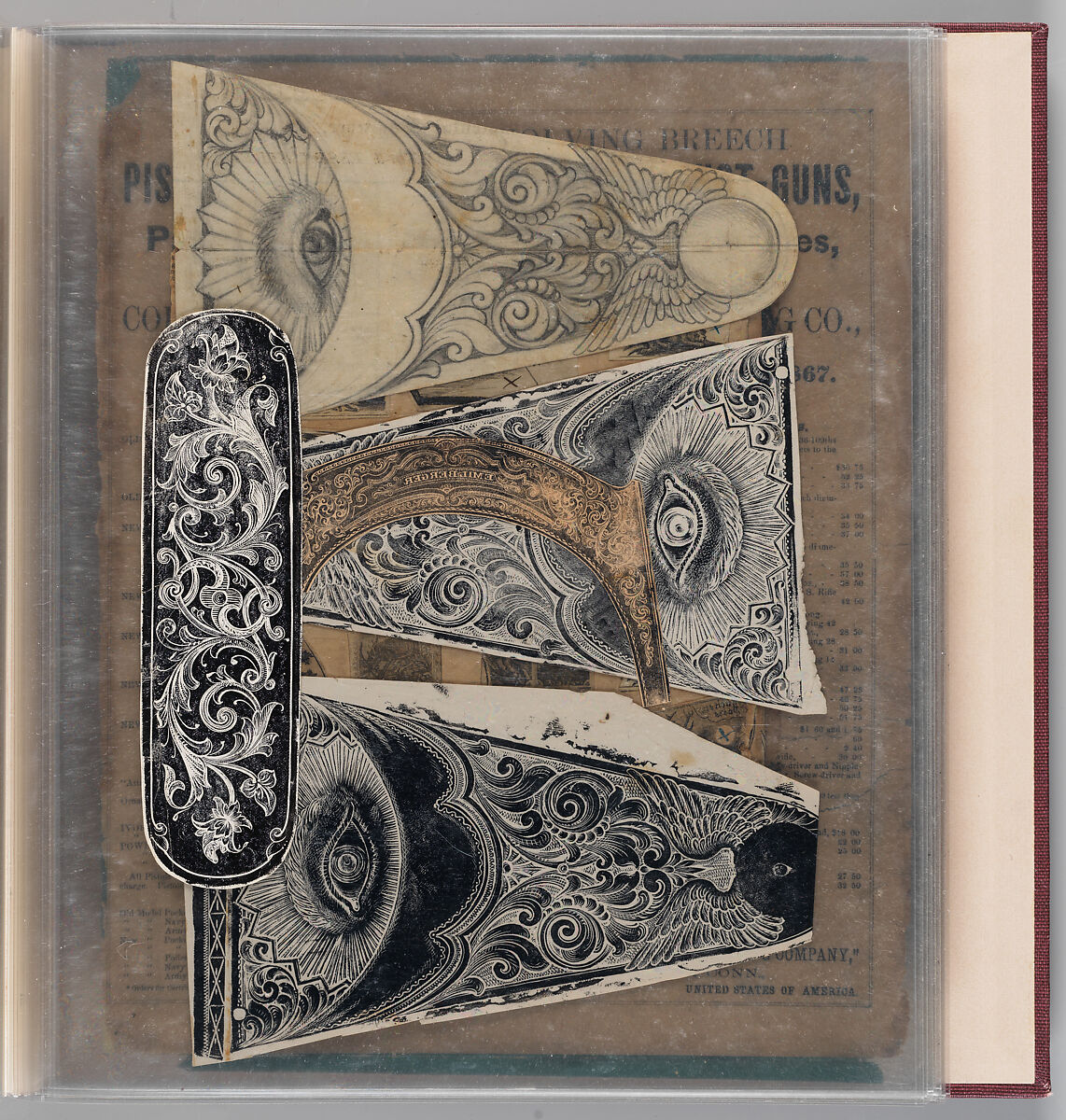 Workbook Recording the Engraved Firearms Ornament of Louis D. Nimschke (1832–1904), Louis Daniel Nimschke (American, born Ebersdorf, Reuss Schleiz, Germany July 14, 1832–April 9, 1904 Brooklyn, New York), Ink on paper, leather binding, American, New York