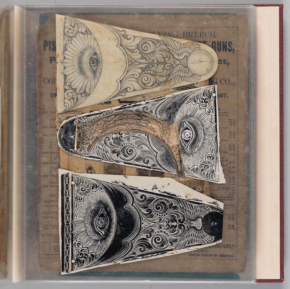 Workbook Recording the Engraved Firearms Ornament of Louis D. Nimschke (1832–1904), Louis Daniel Nimschke (American, born Ebersdorf, Reuss Schleiz, Germany July 14, 1832–April 9, 1904 Brooklyn, New York), Ink on paper, leather binding, American, New York