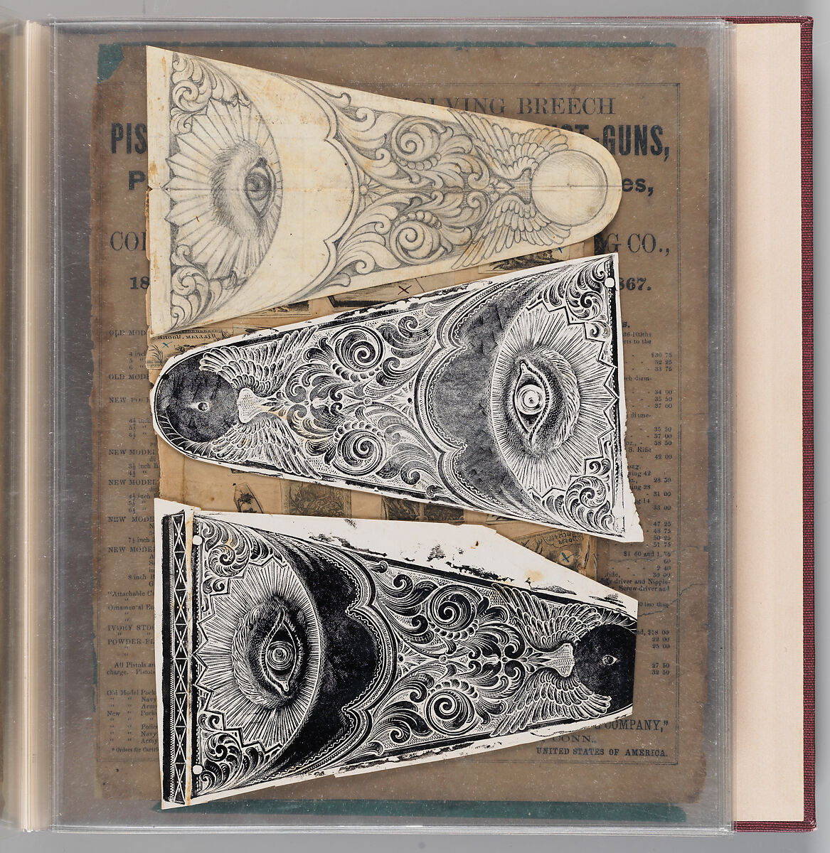 Workbook Recording the Engraved Firearms Ornament of Louis D. Nimschke (1832–1904), Louis Daniel Nimschke (American, born Ebersdorf, Reuss Schleiz, Germany July 14, 1832–April 9, 1904 Brooklyn, New York), Ink on paper, leather binding, American, New York