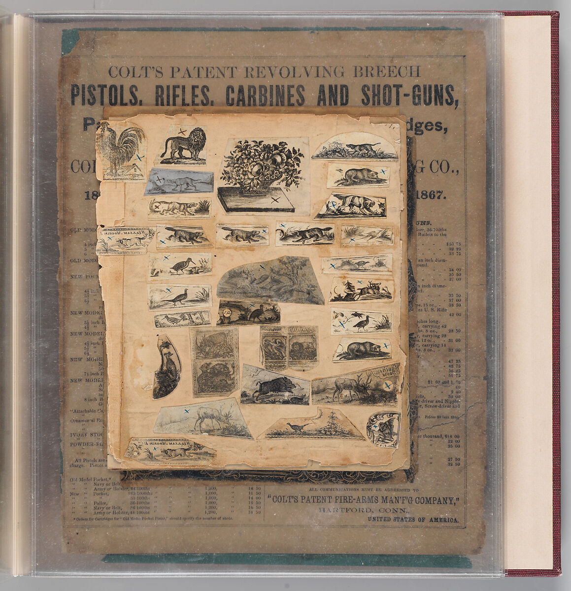 Workbook Recording the Engraved Firearms Ornament of Louis D. Nimschke (1832–1904), Louis Daniel Nimschke (American, born Ebersdorf, Reuss Schleiz, Germany July 14, 1832–April 9, 1904 Brooklyn, New York), Ink on paper, leather binding, American, New York