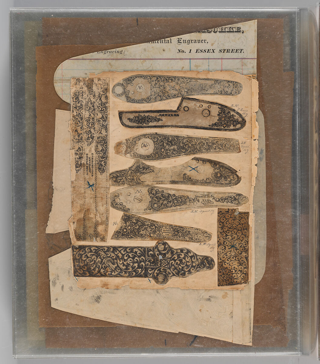 Workbook Recording the Engraved Firearms Ornament of Louis D. Nimschke (1832–1904), Louis Daniel Nimschke (American, born Ebersdorf, Reuss Schleiz, Germany July 14, 1832–April 9, 1904 Brooklyn, New York), Ink on paper, leather binding, American, New York