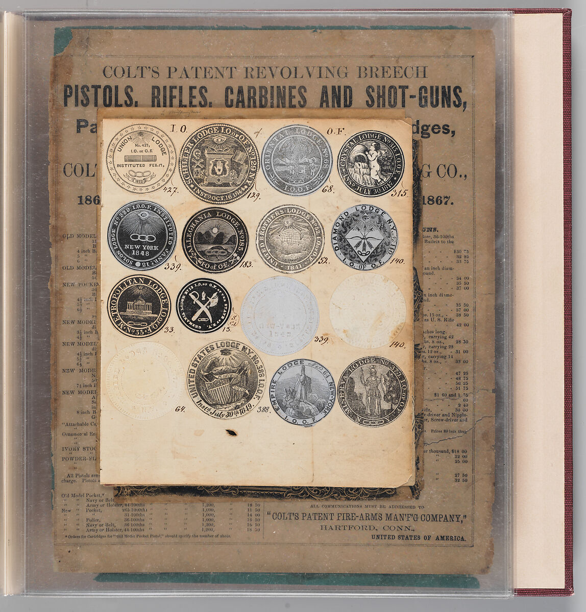 Workbook Recording the Engraved Firearms Ornament of Louis D. Nimschke (1832–1904), Louis Daniel Nimschke (American, born Ebersdorf, Reuss Schleiz, Germany July 14, 1832–April 9, 1904 Brooklyn, New York), Ink on paper, leather binding, American, New York