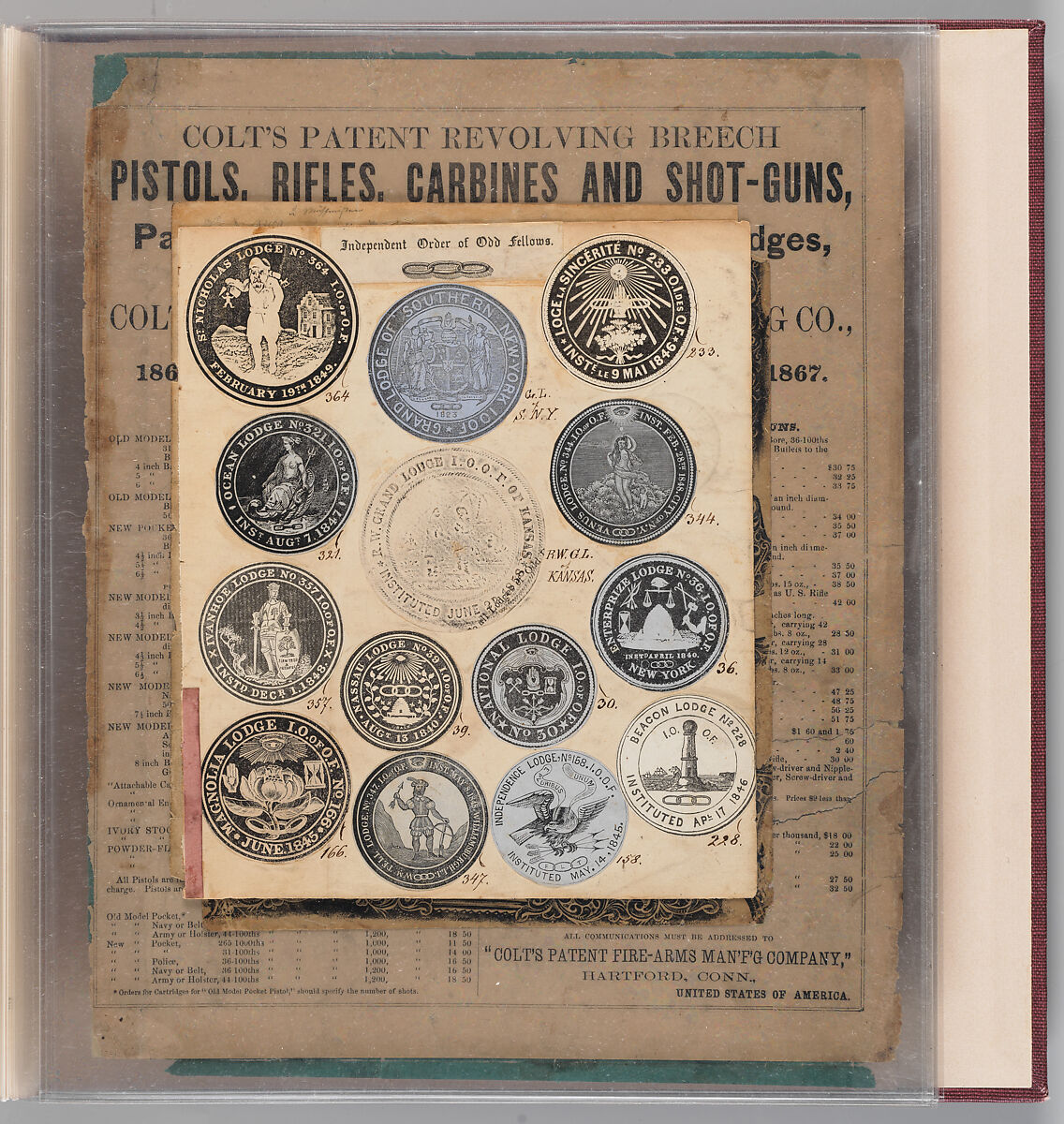Workbook Recording the Engraved Firearms Ornament of Louis D. Nimschke (1832–1904), Louis Daniel Nimschke (American, born Ebersdorf, Reuss Schleiz, Germany July 14, 1832–April 9, 1904 Brooklyn, New York), Ink on paper, leather binding, American, New York