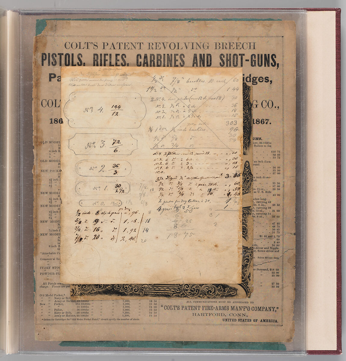 Workbook Recording the Engraved Firearms Ornament of Louis D. Nimschke (1832–1904), Louis Daniel Nimschke (American, born Ebersdorf, Reuss Schleiz, Germany July 14, 1832–April 9, 1904 Brooklyn, New York), Ink on paper, leather binding, American, New York
