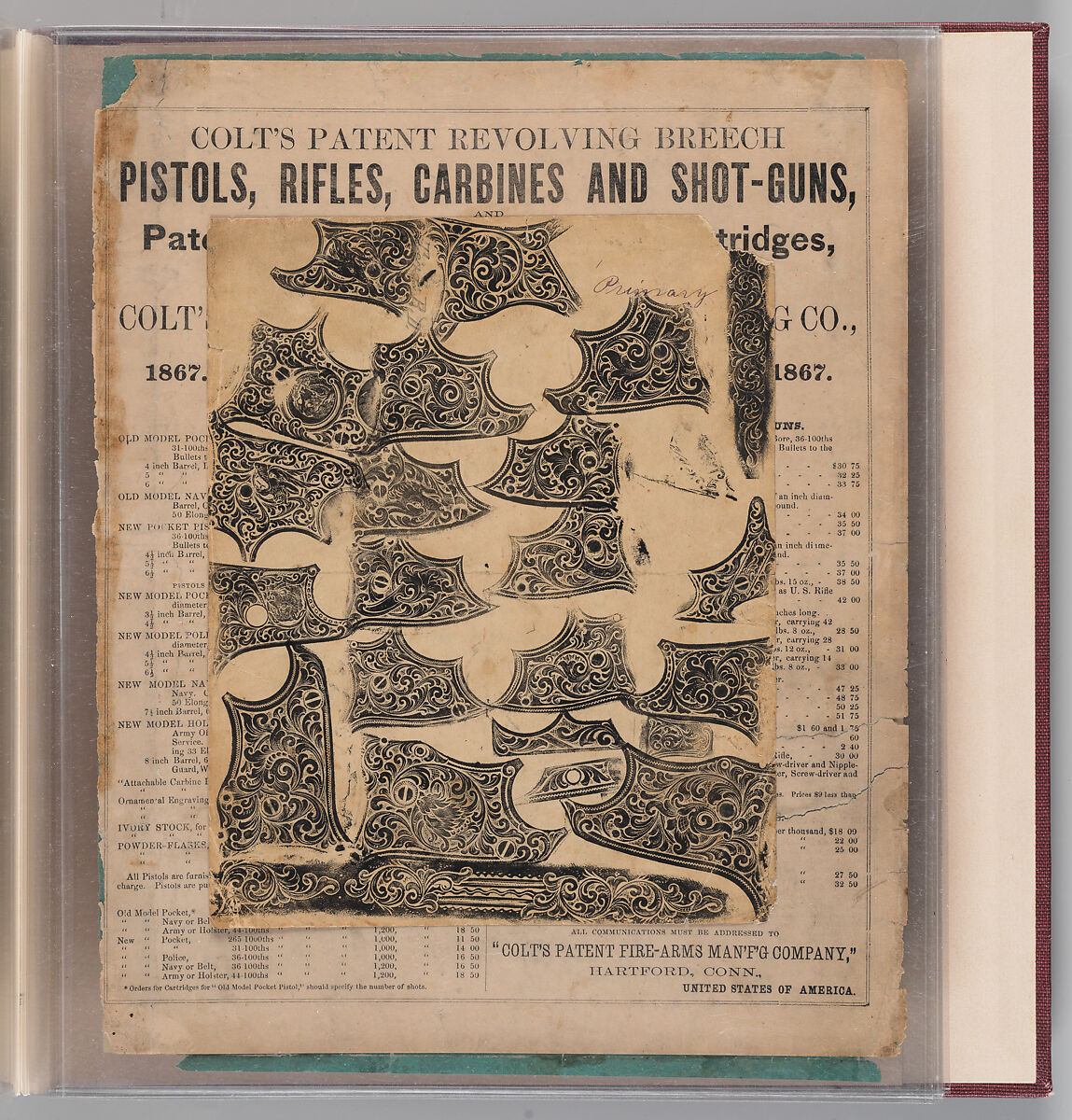 Workbook Recording the Engraved Firearms Ornament of Louis D. Nimschke (1832–1904), Louis Daniel Nimschke (American, born Ebersdorf, Reuss Schleiz, Germany July 14, 1832–April 9, 1904 Brooklyn, New York), Ink on paper, leather binding, American, New York