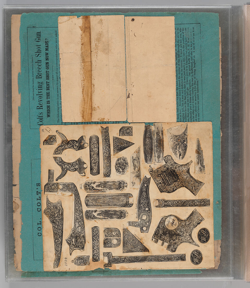 Workbook Recording the Engraved Firearms Ornament of Louis D. Nimschke (1832–1904), Louis Daniel Nimschke (American, born Ebersdorf, Reuss Schleiz, Germany July 14, 1832–April 9, 1904 Brooklyn, New York), Ink on paper, leather binding, American, New York