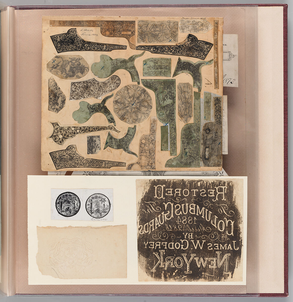 Workbook Recording the Engraved Firearms Ornament of Louis D. Nimschke (1832–1904), Louis Daniel Nimschke (American, born Ebersdorf, Reuss Schleiz, Germany July 14, 1832–April 9, 1904 Brooklyn, New York), Ink on paper, leather binding, American, New York