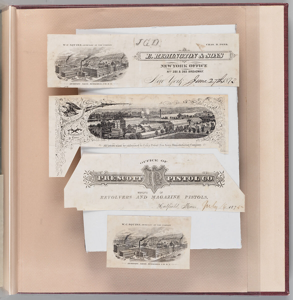 Workbook Recording the Engraved Firearms Ornament of Louis D. Nimschke (1832–1904), Louis Daniel Nimschke (American, born Ebersdorf, Reuss Schleiz, Germany July 14, 1832–April 9, 1904 Brooklyn, New York), Ink on paper, leather binding, American, New York