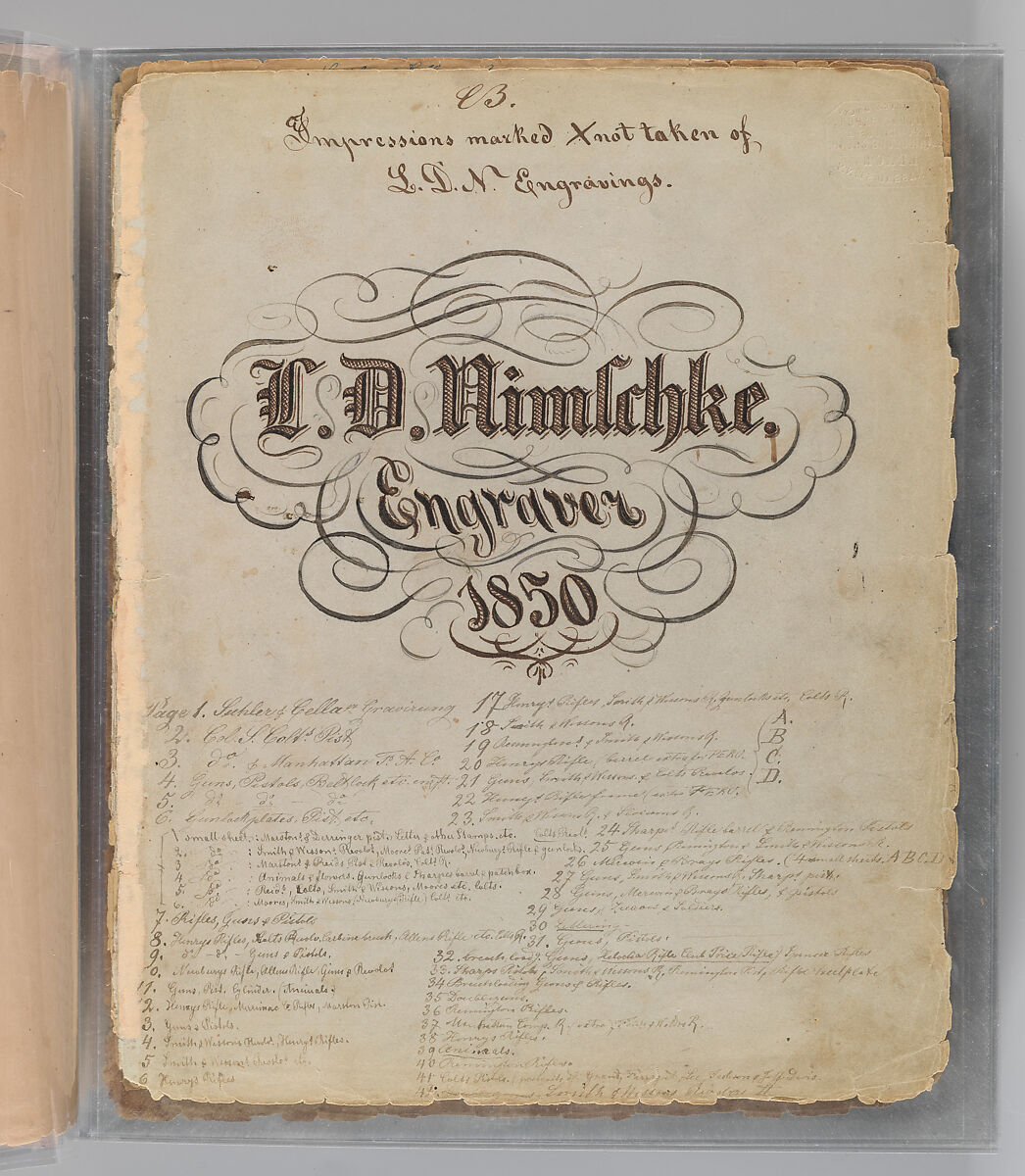Workbook Recording the Engraved Firearms Ornament of Louis D. Nimschke (1832–1904), Louis Daniel Nimschke (American, born Ebersdorf, Reuss Schleiz, Germany July 14, 1832–April 9, 1904 Brooklyn, New York), Ink on paper, leather binding, American, New York