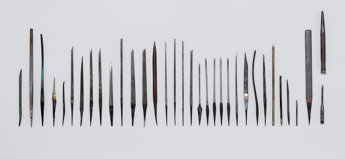 Set of Sixty-Two Engraving Tools of Louis D. Nimschke (1832–1904), Louis Daniel Nimschke (American, born Ebersdorf, Reuss Schleiz, Germany July 14, 1832–April 9, 1904 Brooklyn, New York), Steel, wood, American and European