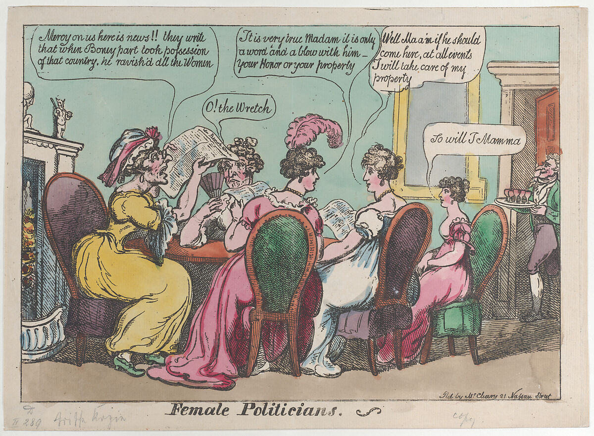 Female Politicians, After Thomas Rowlandson (British, London 1757–1827 London), Hand-colored etching 