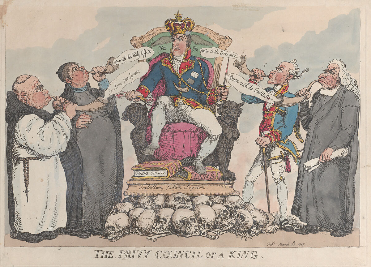 The Privy Council of a King, Thomas Rowlandson (British, London 1757–1827 London), Hand-colored etching 