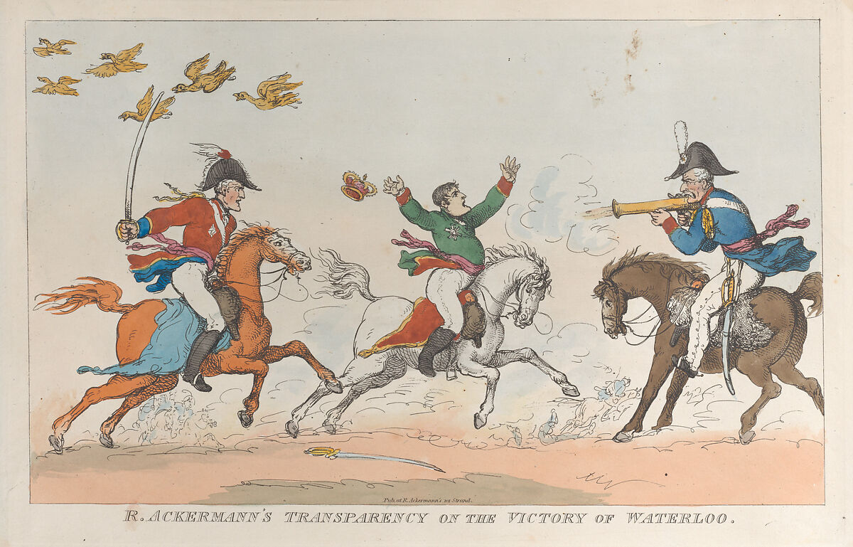 R. Ackermann's Transparency on the Victory of Waterloo, Thomas Rowlandson (British, London 1757–1827 London), Hand-colored etching 