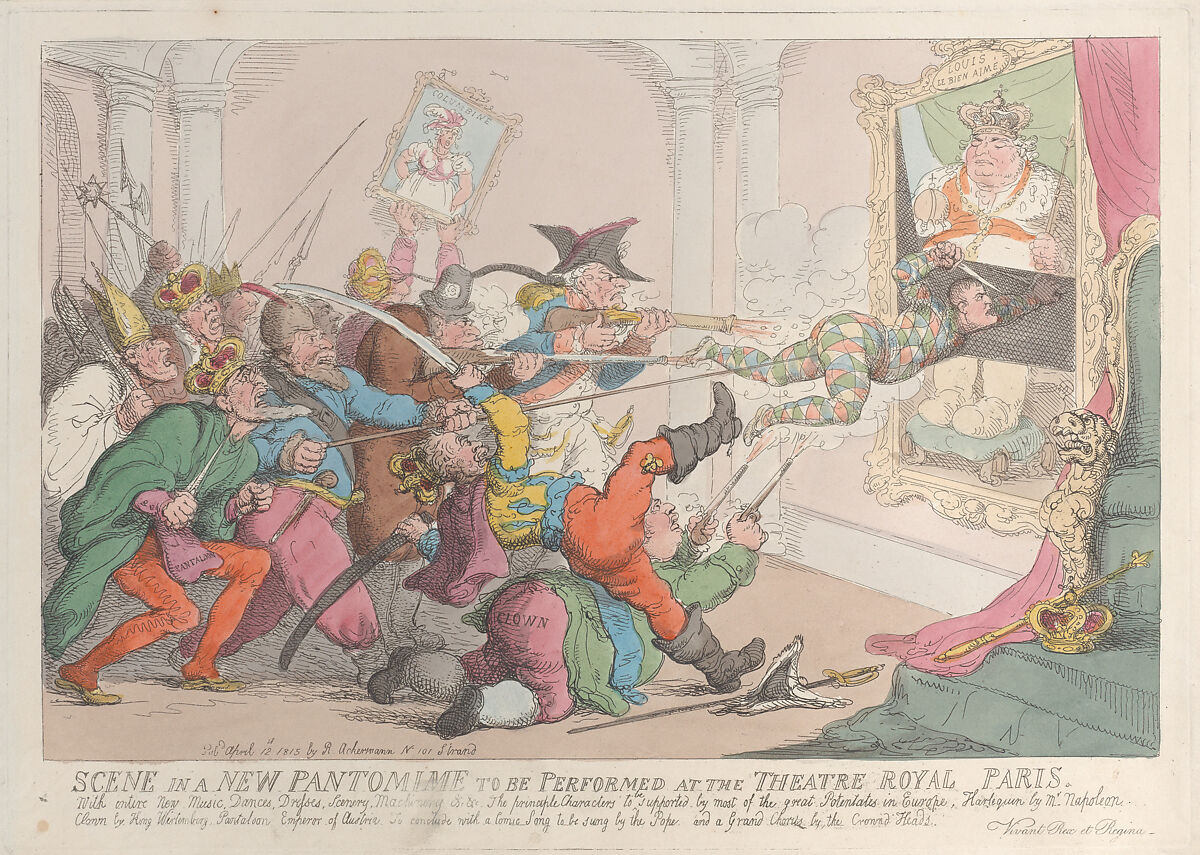 Scene in a New Pantomime to be Performed at the Theatre Royal Paris, Thomas Rowlandson (British, London 1757–1827 London), Hand-colored etching 