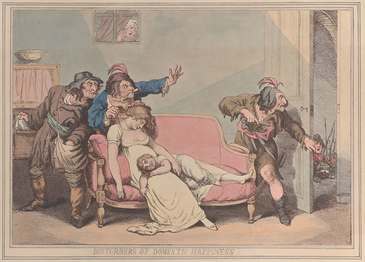 Disturbers of Domestic Happiness, After Thomas Rowlandson (British, London 1757–1827 London), Hand-colored etching 