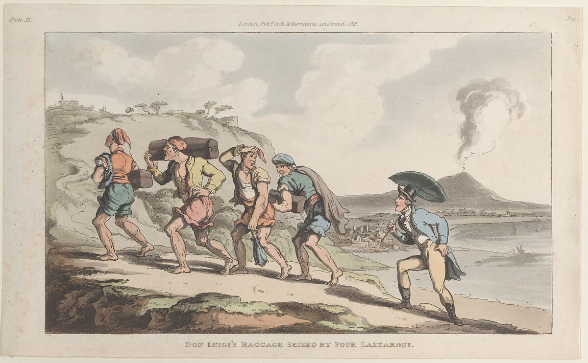 Don Luigi's Baggage Seized by Four Lazzaroni, Thomas Rowlandson (British, London 1757–1827 London), Hand-colored etching and aquatint 