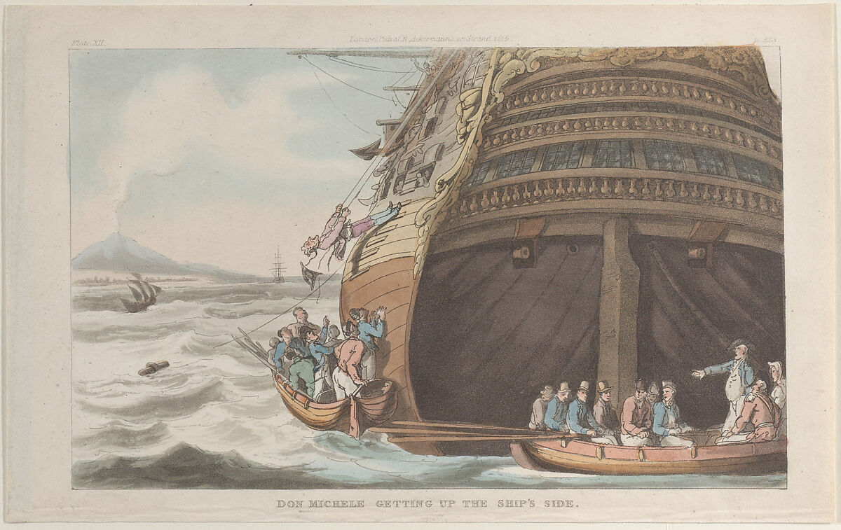 Don Michele Getting Up the Ship's Side, Thomas Rowlandson (British, London 1757–1827 London), Hand-colored etching and aquatint 