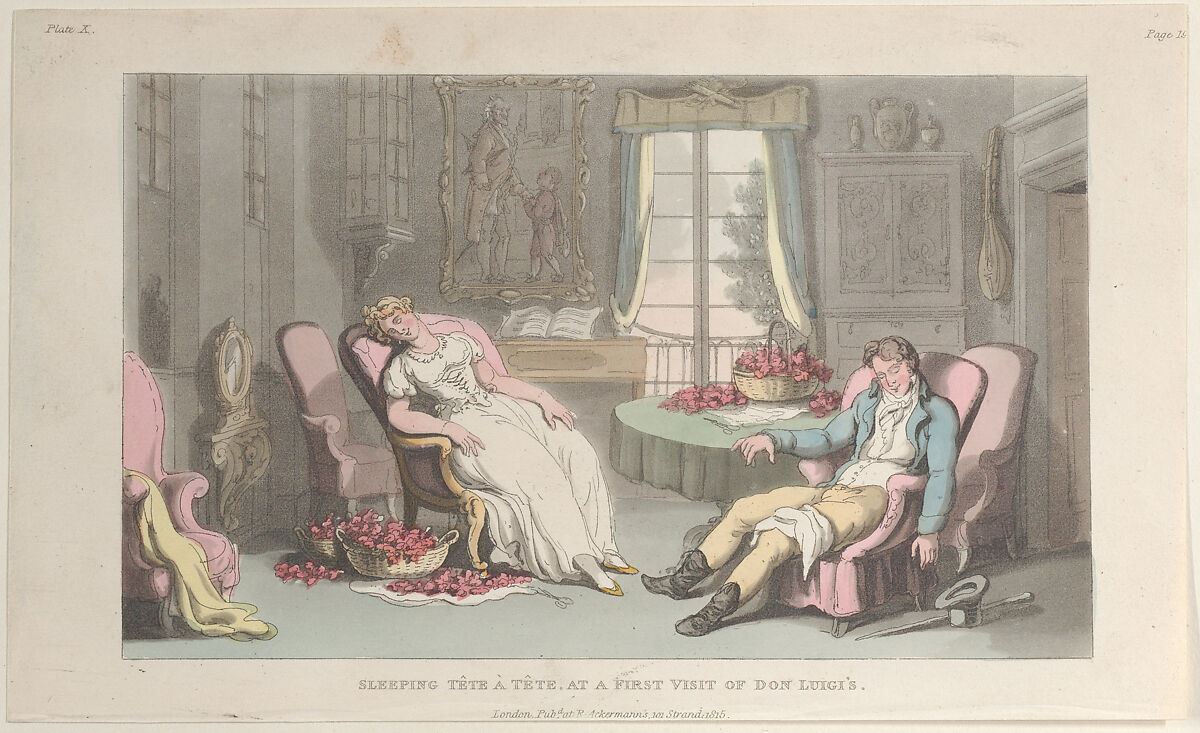 Sleeping Tête à Tête, at a First Visit of Don Luigi's, from "Naples and the Campagna Felice: in a Series of Letters Addressed to a Friend in England in 1802", Thomas Rowlandson (British, London 1757–1827 London), Hand-colored etching and aquatint 