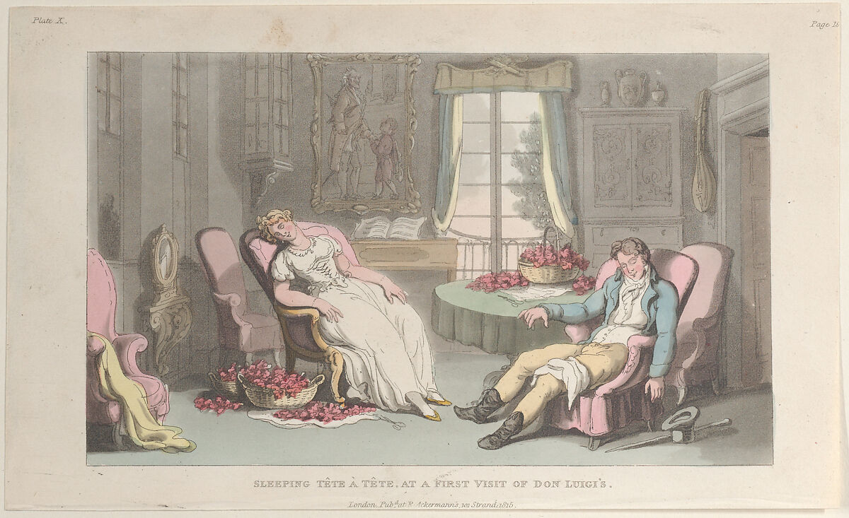 Sleeping Tête à Tête, at a First Visit of Don Luigi's, Thomas Rowlandson (British, London 1757–1827 London), Hand-colored etching and aquatint 