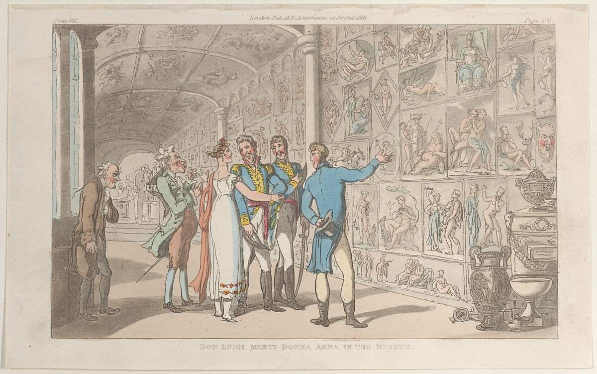 Don Luigi Meets Donna Anna in the Museum, Thomas Rowlandson (British, London 1757–1827 London), Hand-colored etching and aquatint 