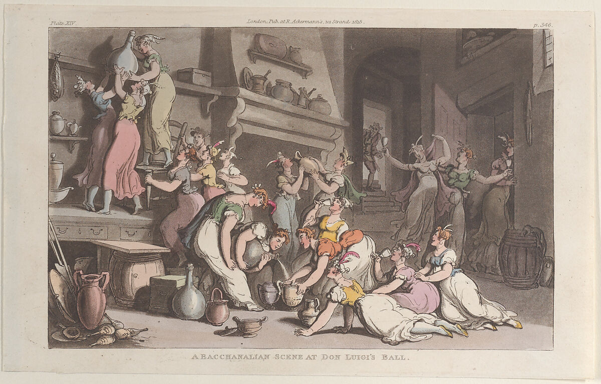 A Bacchanalian Scene at Don Luigi's Ball, Thomas Rowlandson (British, London 1757–1827 London), Hand-colored etching and aquatint 