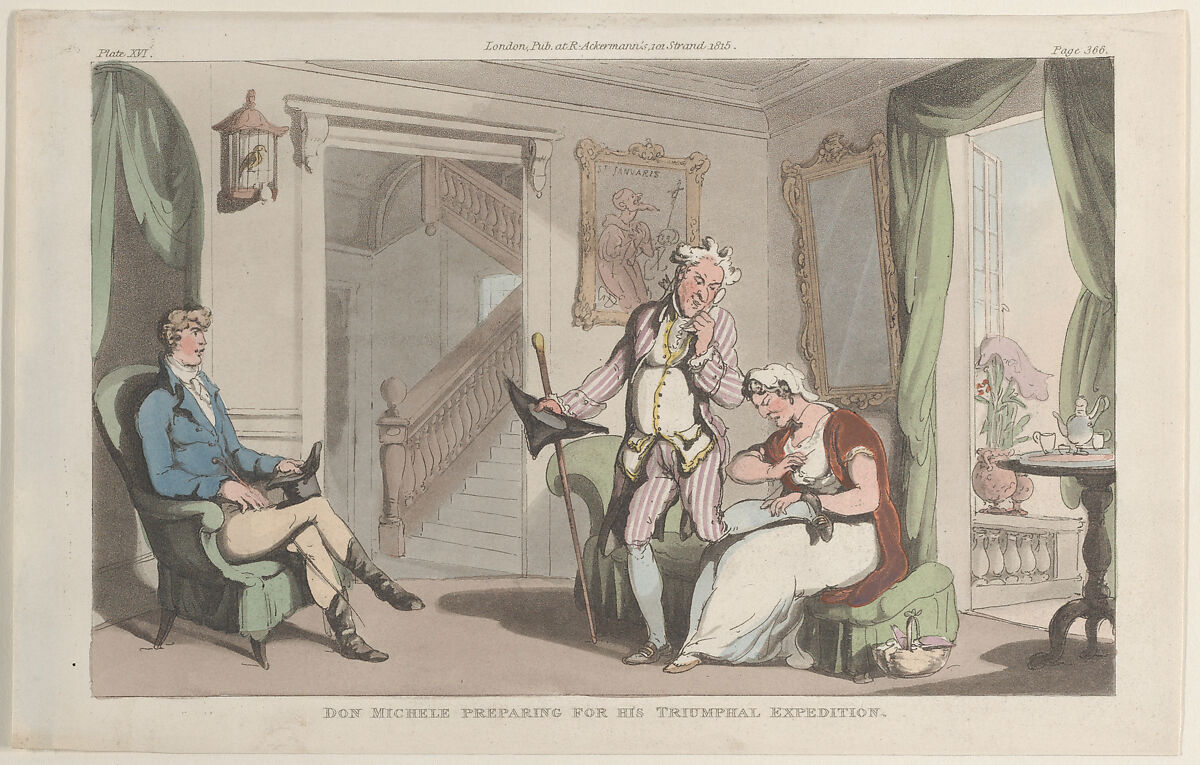 Don Michele Preparing for his Triumphal Expedition, Thomas Rowlandson (British, London 1757–1827 London), Hand-colored etching and aquatint 