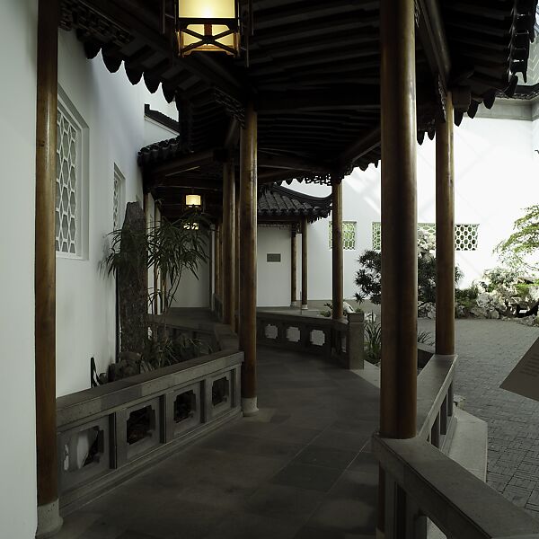 The Astor Chinese Garden Court, Taihu rocks, granite terrace, ceramic tile flooring, roof tiles, and door frames,  various woods (nan wood columns, pine beams, gingko latticework), brass fittings, China