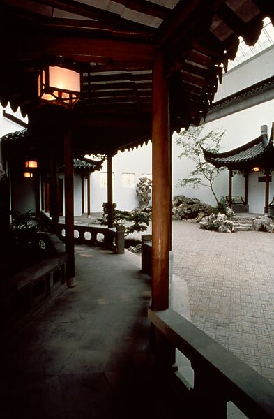 The Astor Chinese Garden Court, Taihu rocks, granite terrace, ceramic tile flooring, roof tiles, and door frames,  various woods (nan wood columns, pine beams, gingko latticework), brass fittings, China