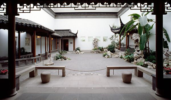 The Astor Chinese Garden Court, Taihu rocks, granite terrace, ceramic tile flooring, roof tiles, and door frames,  various woods (nan wood columns, pine beams, gingko latticework), brass fittings, China