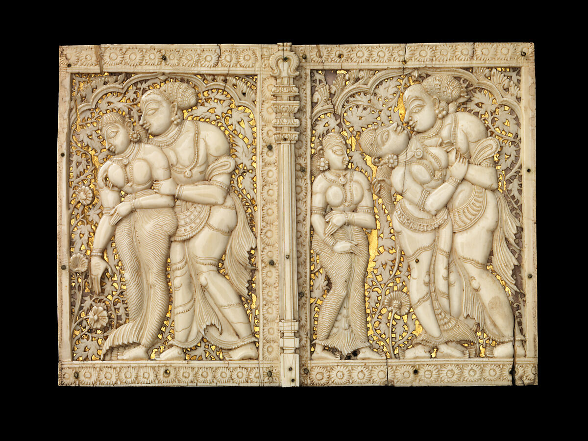 Two box panels with mithuna couples, Ivory backed with gilded paper, India (Tamil Nadu) 